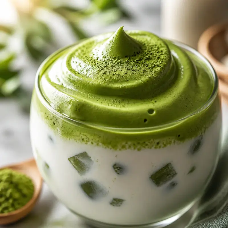 Easy Dalgona Matcha - Whipped Green Tea Drink topped with creamy foam
