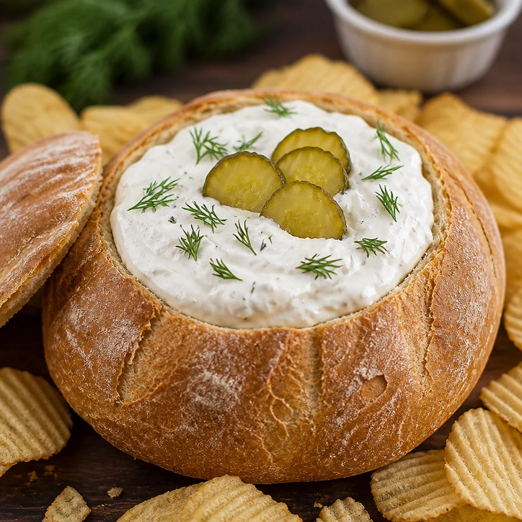 Delicious Easy Dill Pickle Dip served with chips and fresh veggies at a party