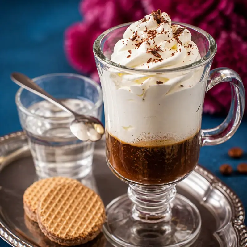Easy Einspänner coffee with whipped cream served in a glass.