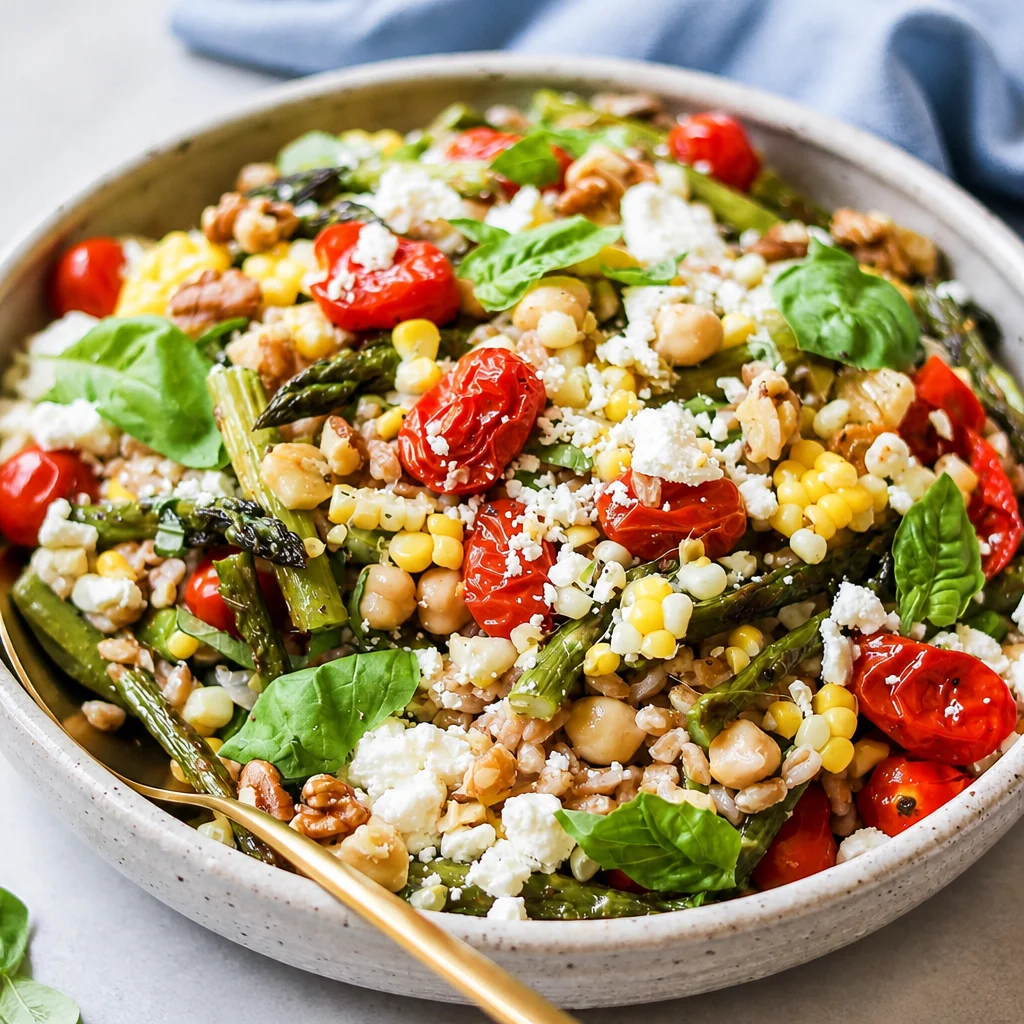 Easy Farro Salad Bowl with Roasted Veggies and Feta Cheese, a healthy vegetarian dish.