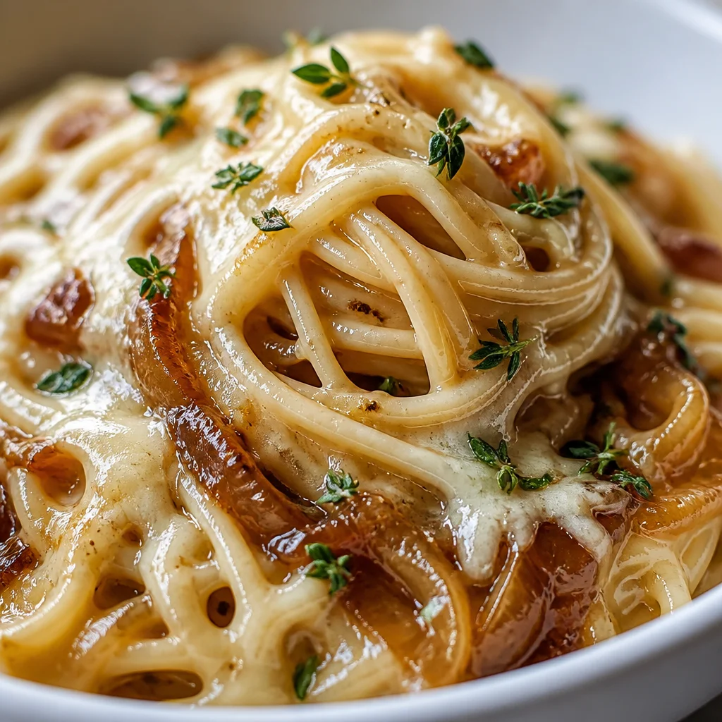 Creamy Easy French Onion Pasta with caramelized onions and melted Gruyere cheese.