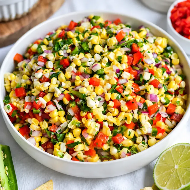 Bowl of Easy Fresh Corn Salsa with chips, featuring vibrant ingredients and colors.