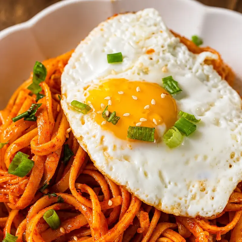 Bowl of Easy Gochujang Butter Noodles coated in a creamy, spicy red sauce.