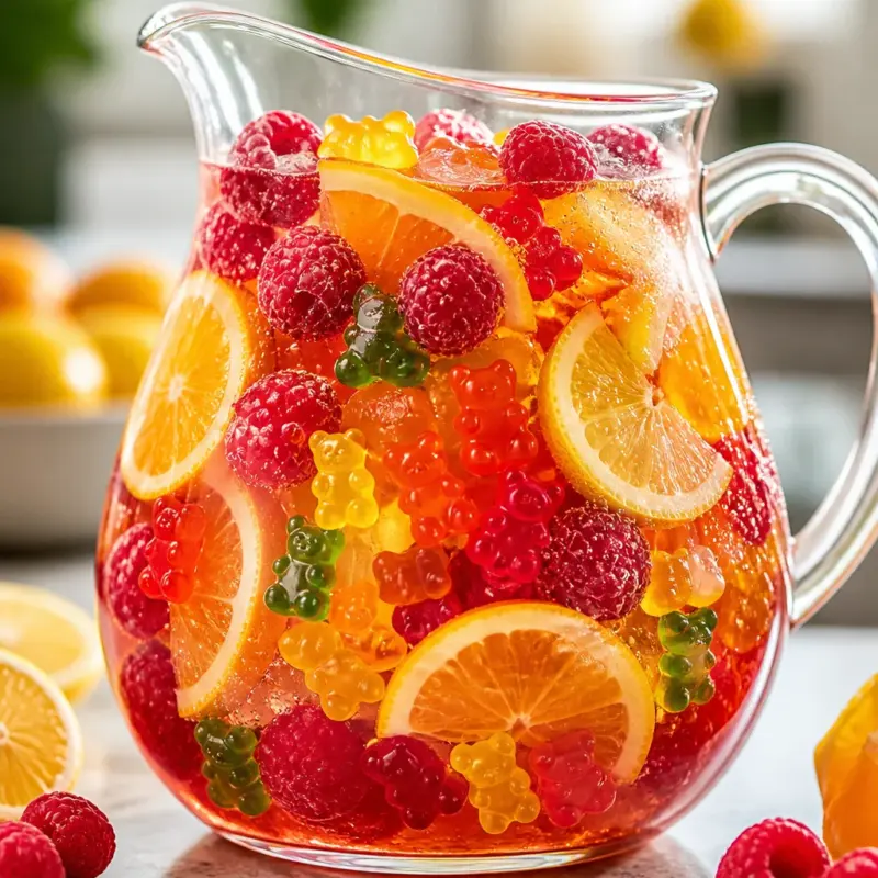 A vibrant punch bowl filled with Easy Gummy Bear Sangria featuring gummy bears and fresh fruit slices.