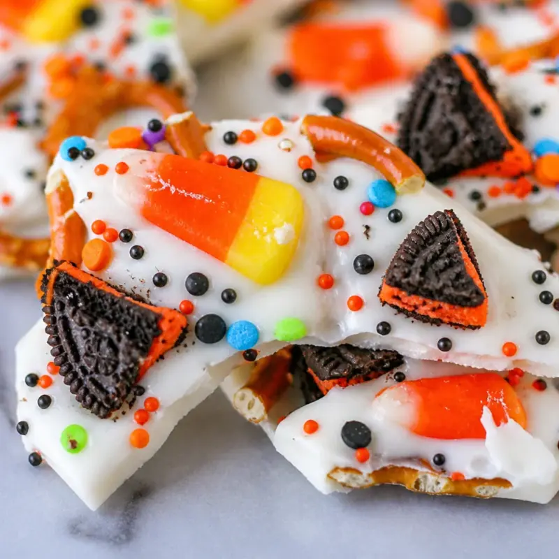 Easy Halloween Candy Bark — Spooky Mix topped with colorful sprinkles and candy.