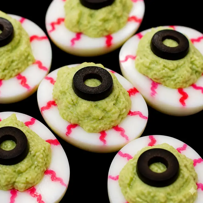 Easy Halloween Deviled Eggs shaped like mummies, perfect for Halloween parties.