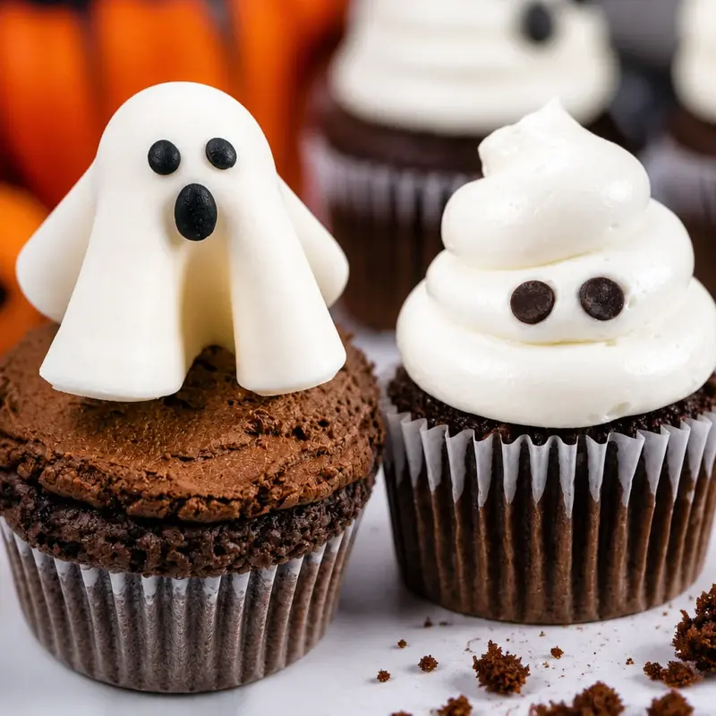 Easy Halloween Ghost Cupcakes topped with white frosting and candy eyes.