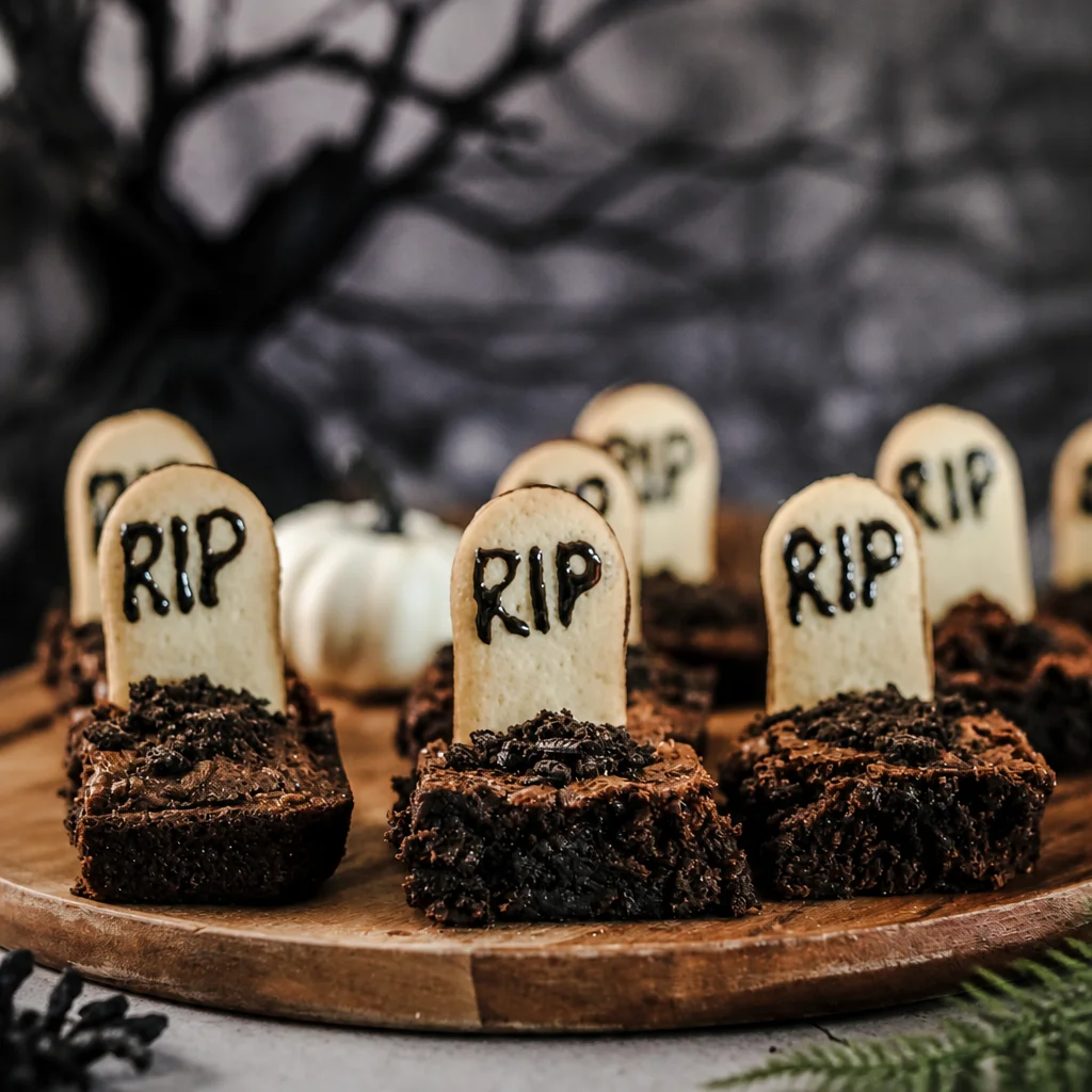 Spooky Easy Halloween Graveyard Brownies with frosting, cookies, and candy pumpkins.