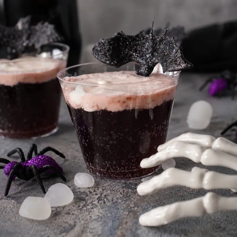 A spooky black cauldron filled with bubbling Halloween punch and dry ice effects.