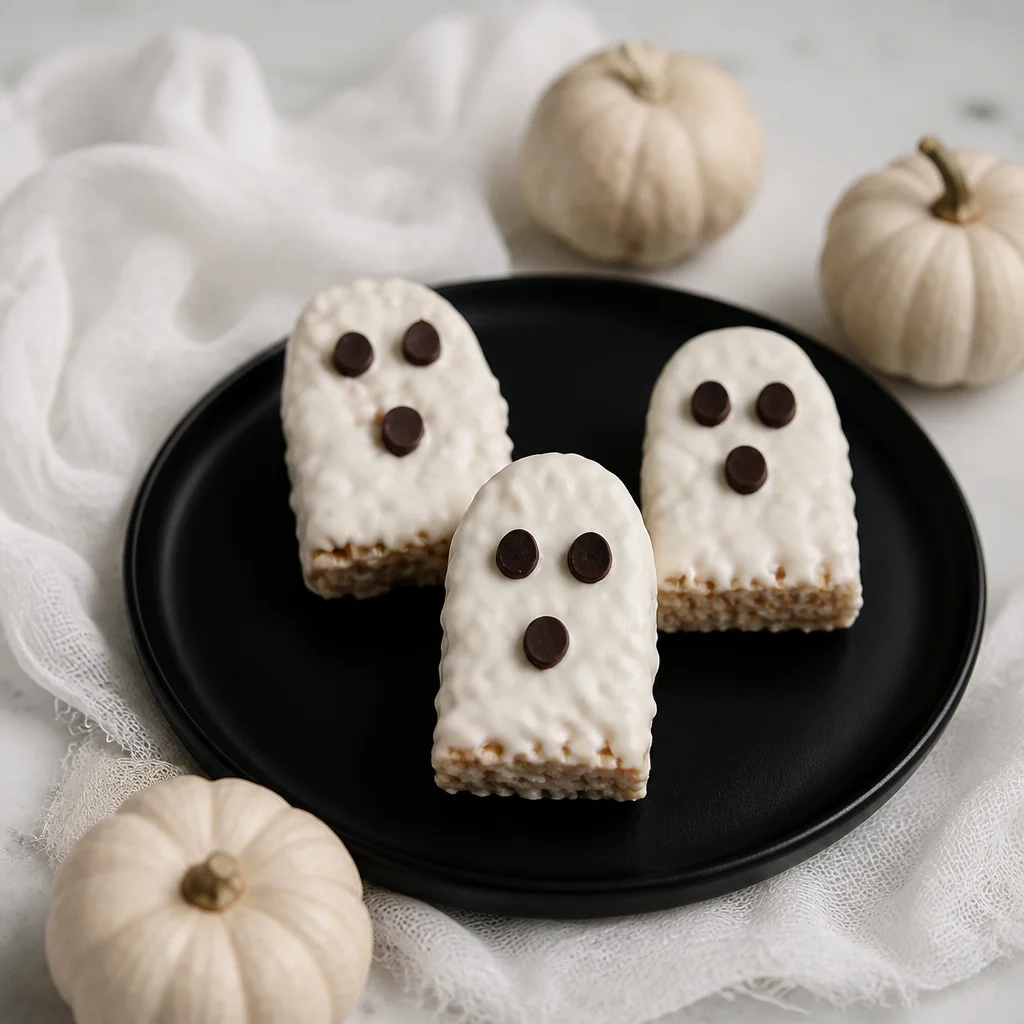 Easy Halloween Rice Krispie Treats shaped like cute ghosts with chocolate chip eyes.