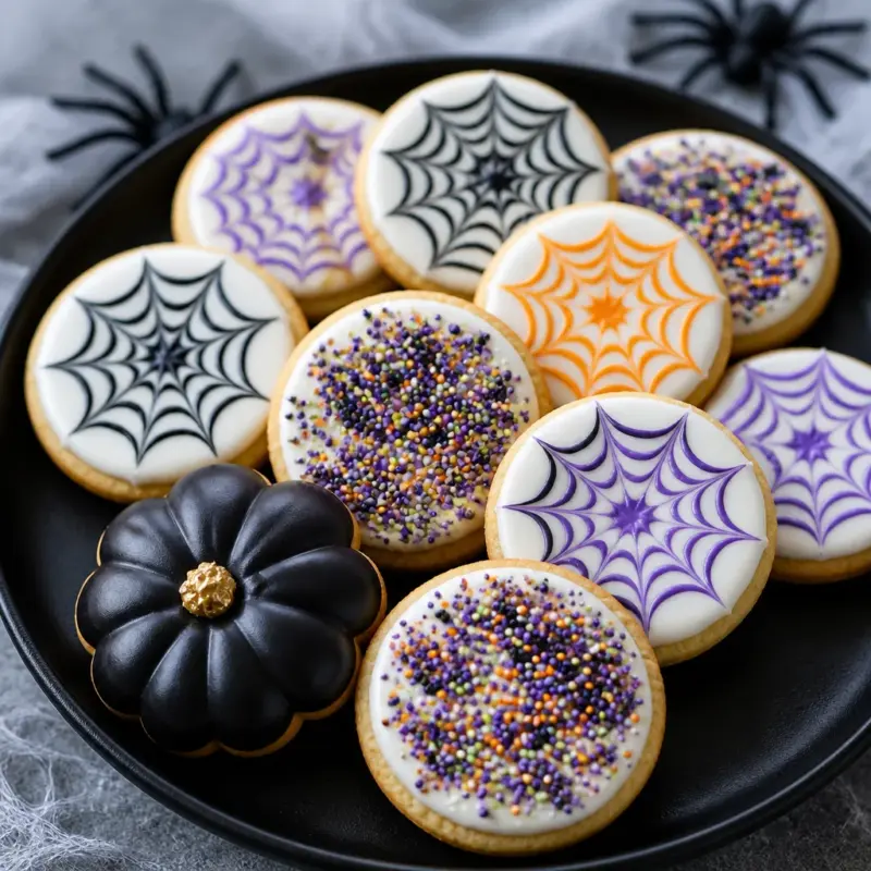 Easy Halloween Spider Web Cookies decorated with royal icing