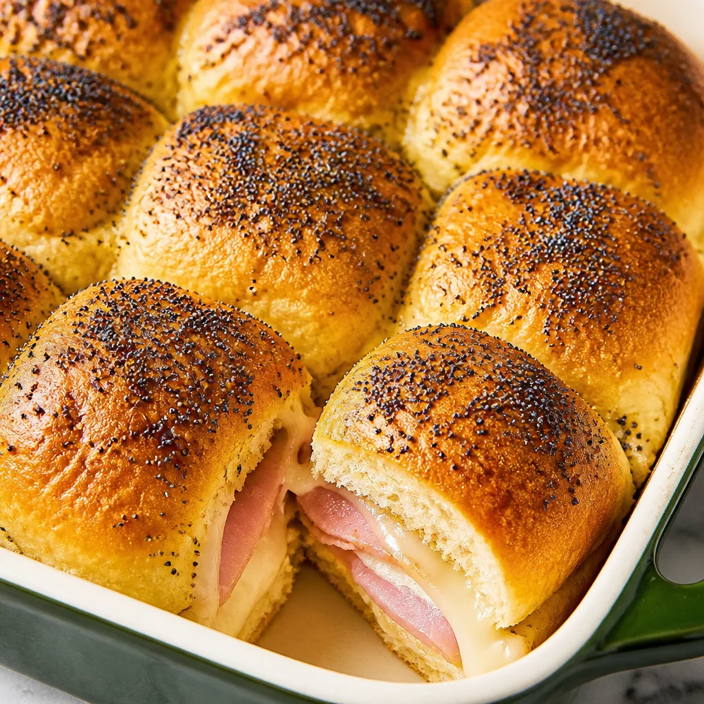 Easy Hawaiian Roll Sliders with ham and Swiss cheese, perfect for party appetizers.