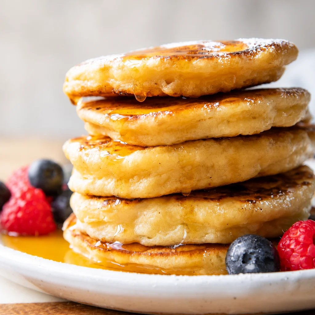 Fluffy high protein cottage cheese pancakes served with syrup and fruit.