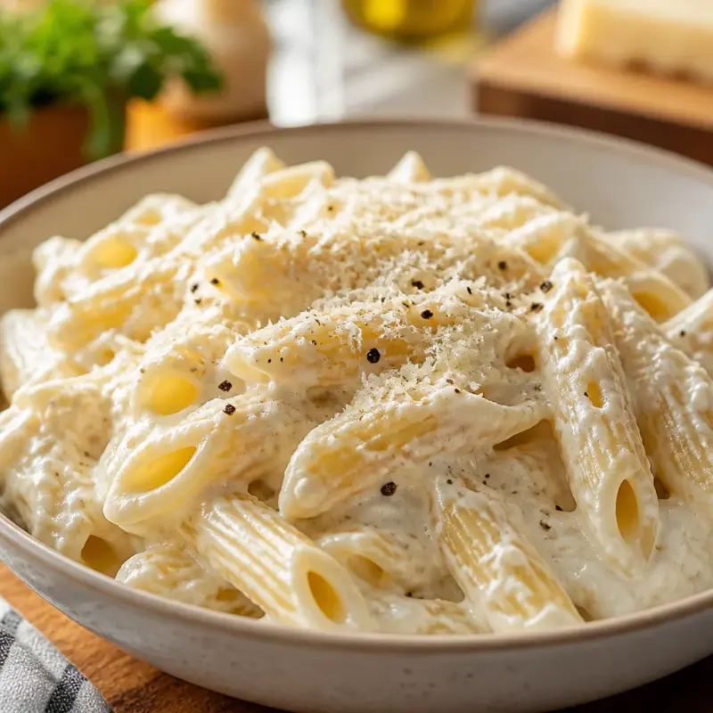 Creamy high protein pasta with cottage cheese sauce served in a bowl.