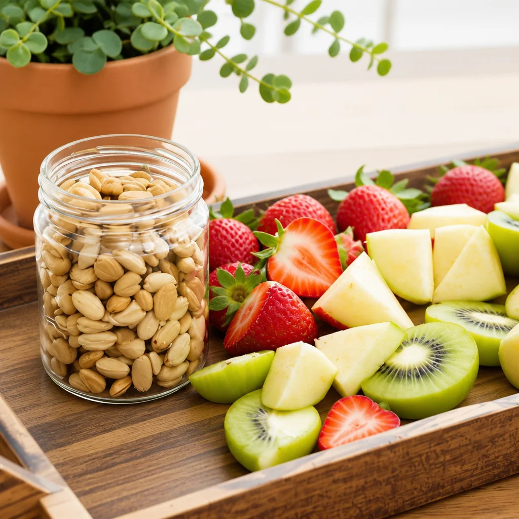 Colorful array of easy high protein snacks including nuts, yogurt, and protein bars.