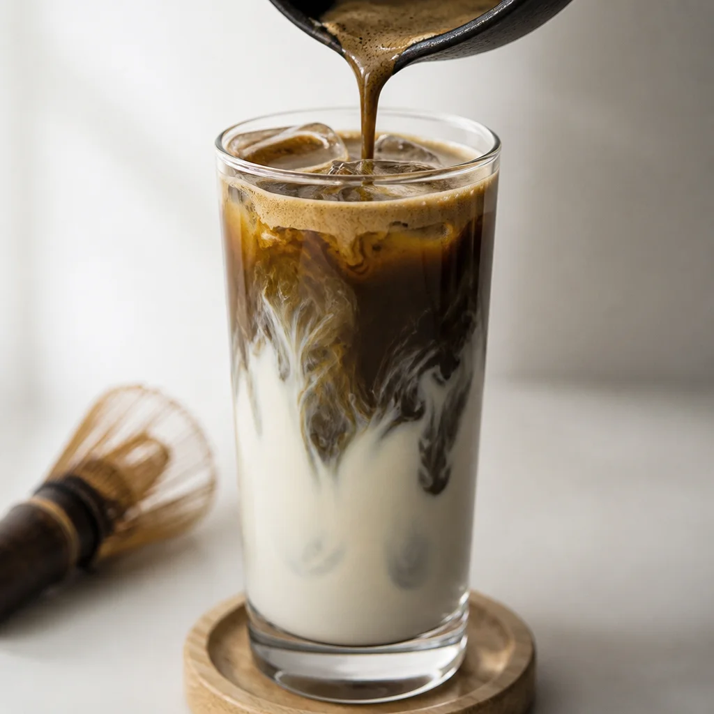 Delicious Easy Hojicha Latte Iced made with creamy milk and roasted green tea powder.