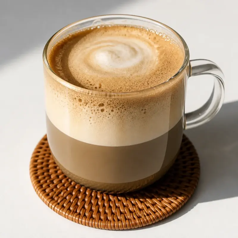 An Easy Hojicha Latte made with roasted green tea, creamy oat milk, and sweetener options.