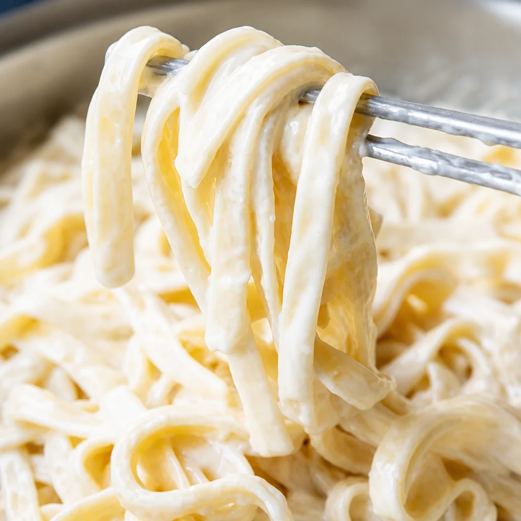 Creamy 4 ingredient homemade Alfredo sauce on a plate of fettuccine pasta.