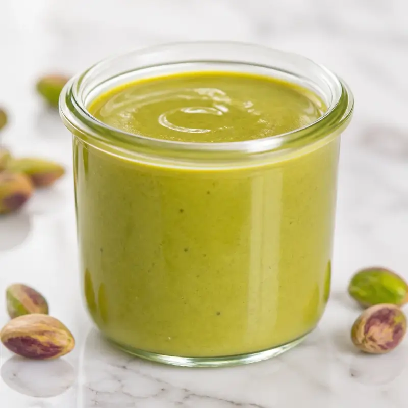 Creamy homemade pistachio butter spread on toast with pistachios in the background.