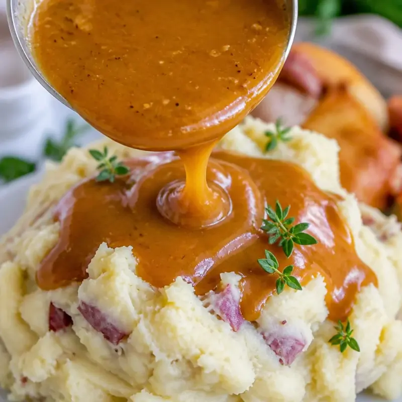 Homemade turkey gravy in a bowl for Thanksgiving dinner, prepared ahead of time.