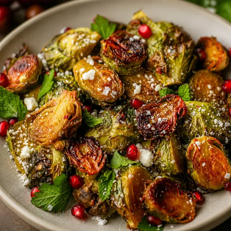 Crispy caramelized Brussels sprouts drizzled with hot honey and garnished with herbs.