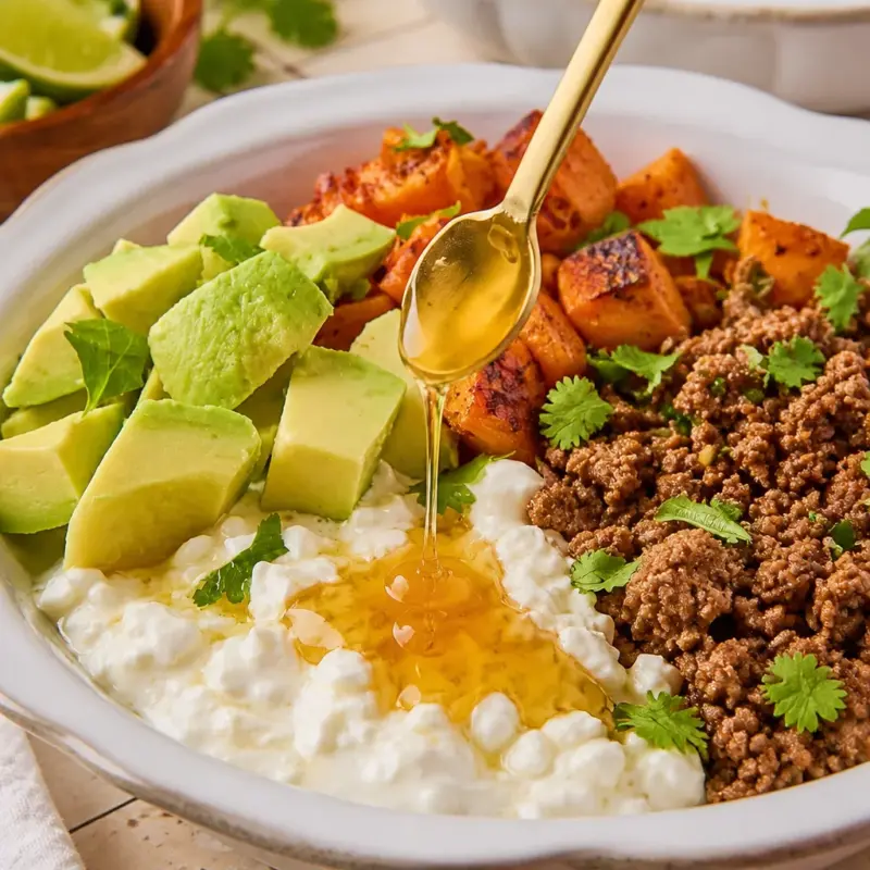 Easy Hot Honey Cottage Cheese Sweet Potato Bowl with beef, avocado, and hot honey drizzle.