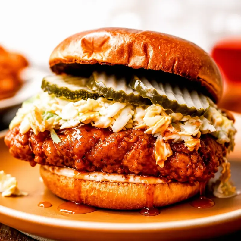 Easy Hot Honey Fried Chicken Sandwich with crispy chicken and honey sauce on brioche buns.