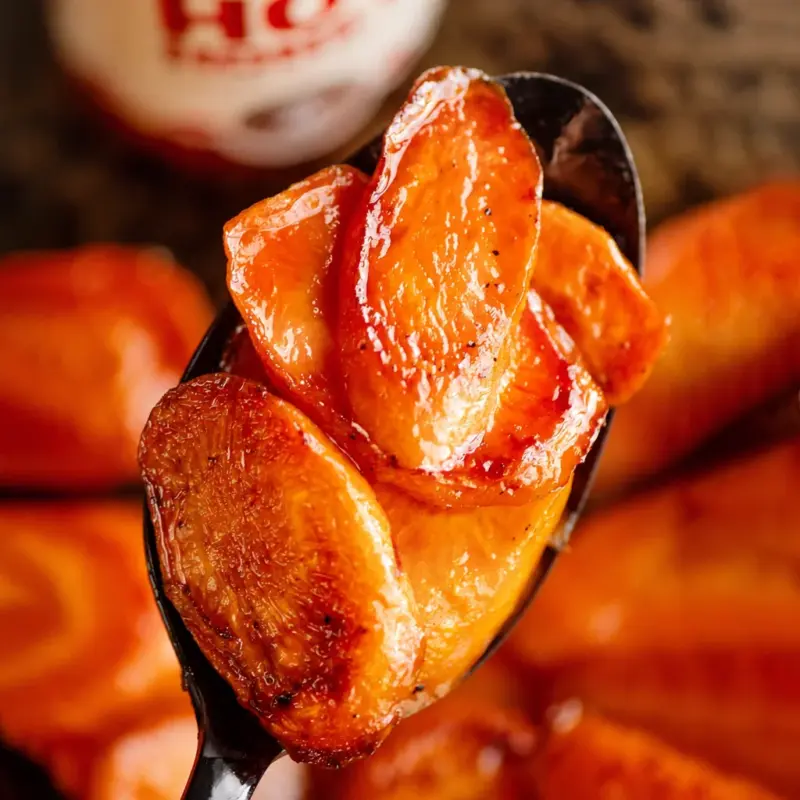 Oven-roasted hot honey carrots with a sweet spicy glaze served as a side dish.