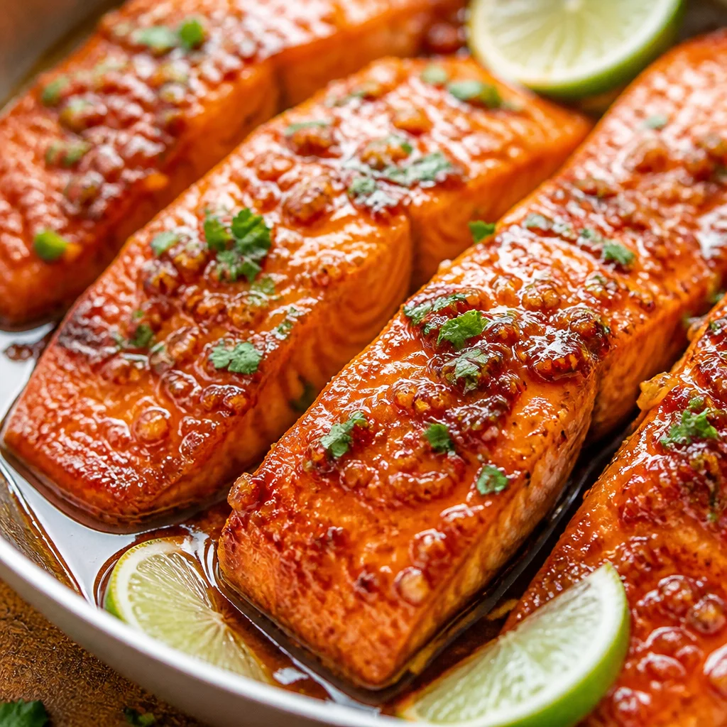 Plate of Easy Hot Honey Salmon glazed with sweet heat sauce and garnished with herbs.