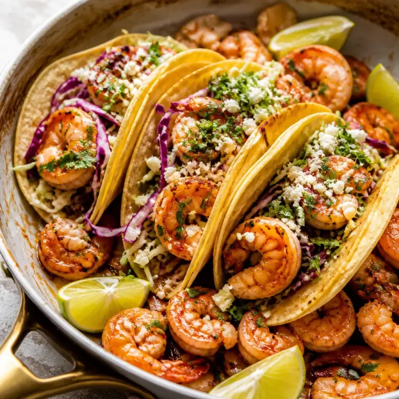Delicious Easy Hot Honey Shrimp Tacos topped with crunchy lime slaw.