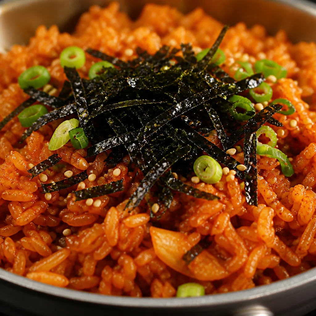 Delicious Easy Kimchi Fried Rice topped with a fried egg and fresh ingredients.
