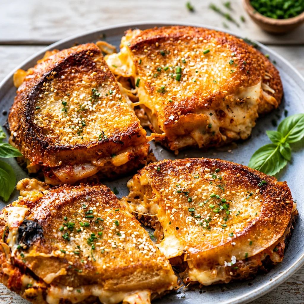 Easy Kimchi Grilled Cheese sandwich with melty cheese and spicy kimchi.
