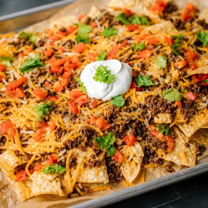 Easy Loaded Nachos Supreme topped with beef, cheese, and fresh ingredients for parties.