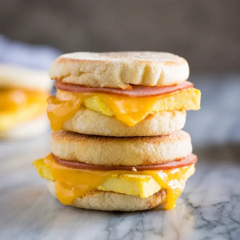 Easy make ahead freezer breakfast sandwiches with eggs, cheese, and meats.
