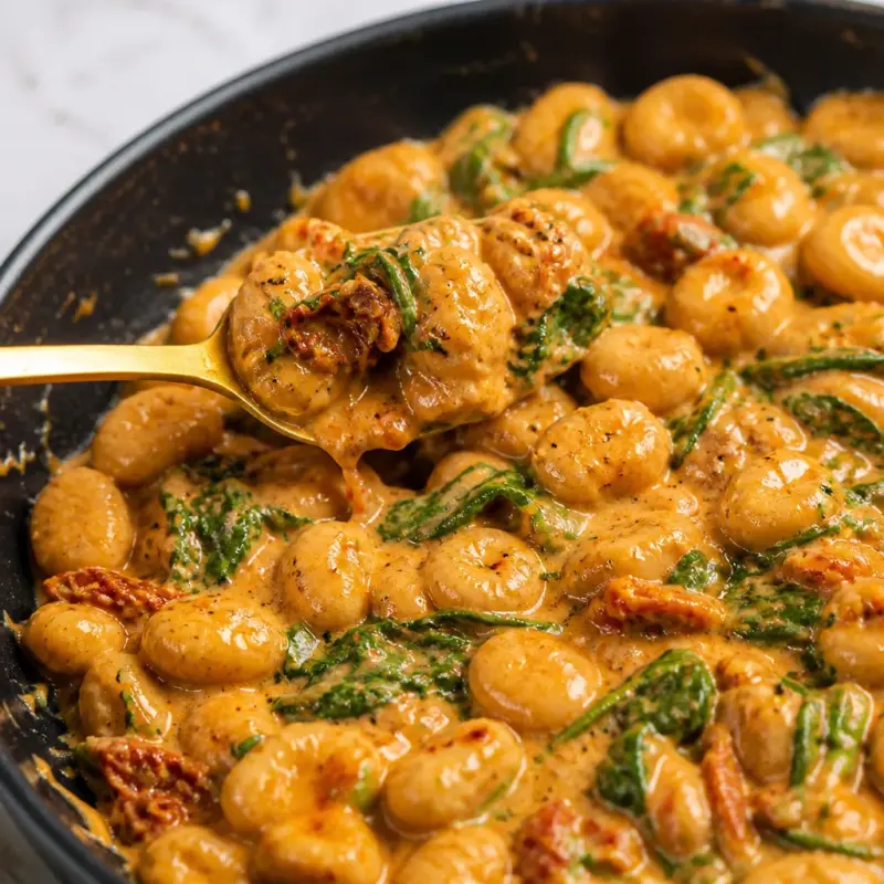 Easy Marry Me Gnocchi in creamy tomato sauce served in a skillet.