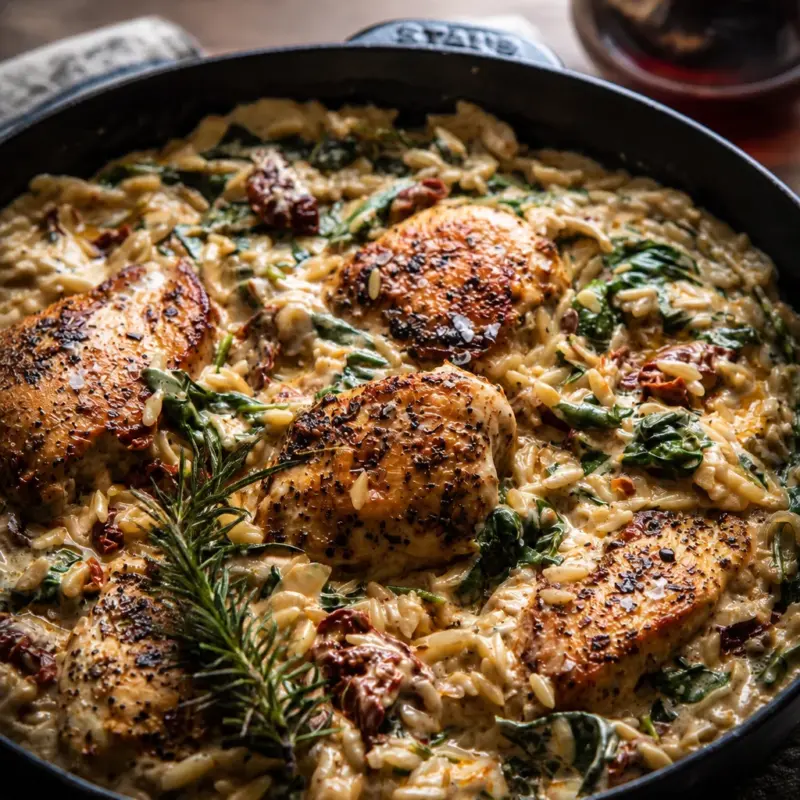 Creamy spinach orzo dish with tender chicken in one pan, perfect for easy weeknight dinners.