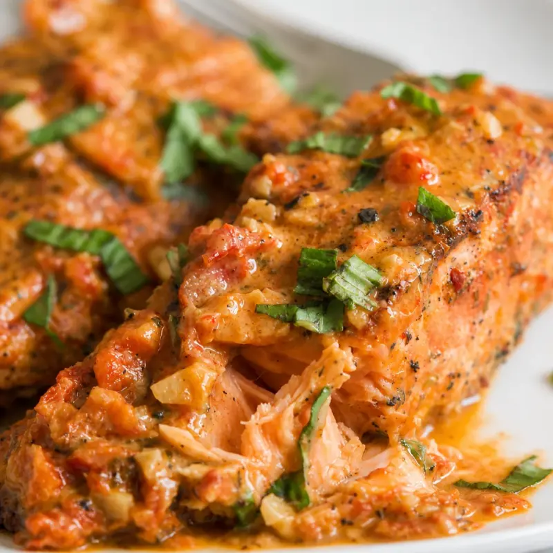 Delicious Easy Marry Me Salmon in Creamy Sun Dried Tomato Sauce served on a plate.