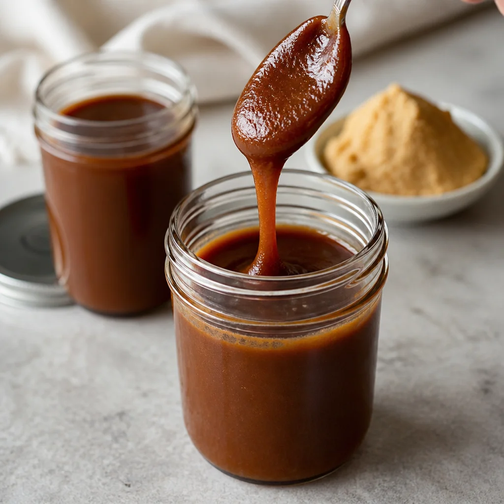 Delicious easy Miso Caramel Sauce drizzled over a dessert