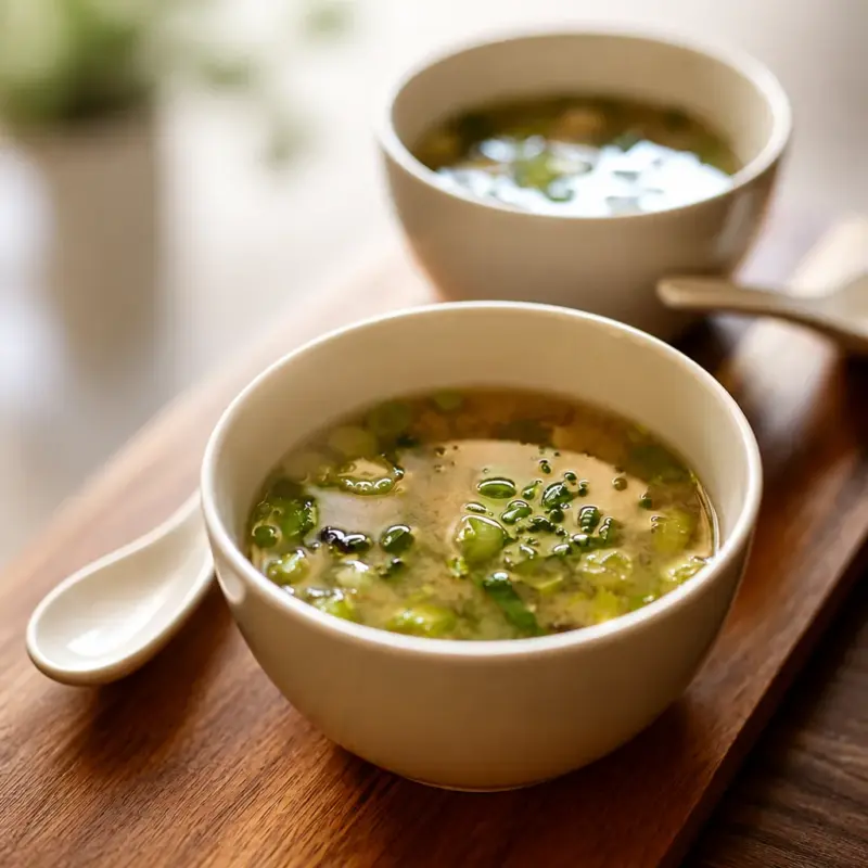 Bowls of Easy Miso Soup filled with tofu and greens, showcasing Japanese simple comfort.