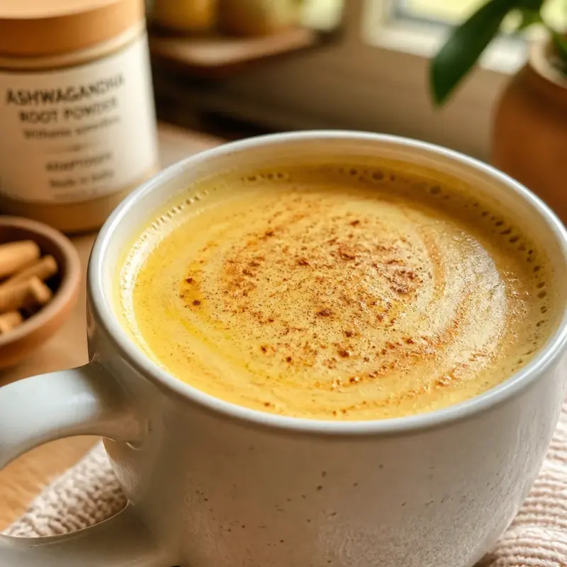 A warm glass of Easy Moon Milk with ashwagandha and calming spices for restful sleep.
