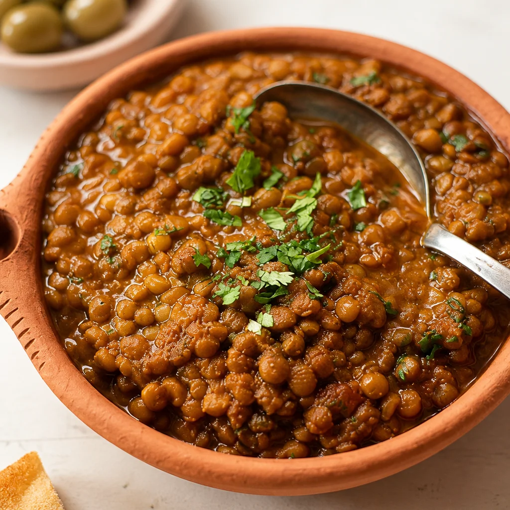 Bowl of Easy Moroccan Chickpea Stew garnished with fresh herbs and spices.