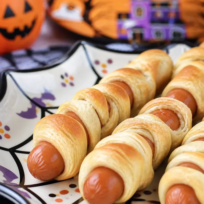 Easy Mummy Hot Dogs rolled in crescent dough for a fun Halloween snack.