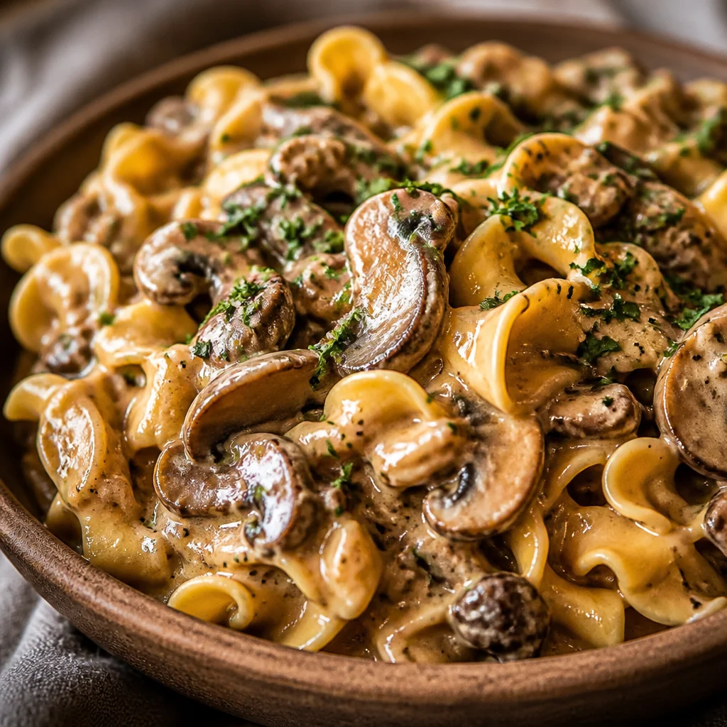 Creamy Easy Mushroom Stroganoff served over noodles, a hearty comfort dinner.