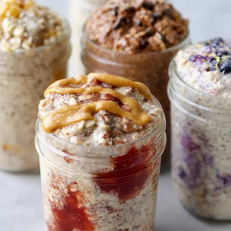 Five delicious flavors of easy overnight oats prepared for meal prepping.
