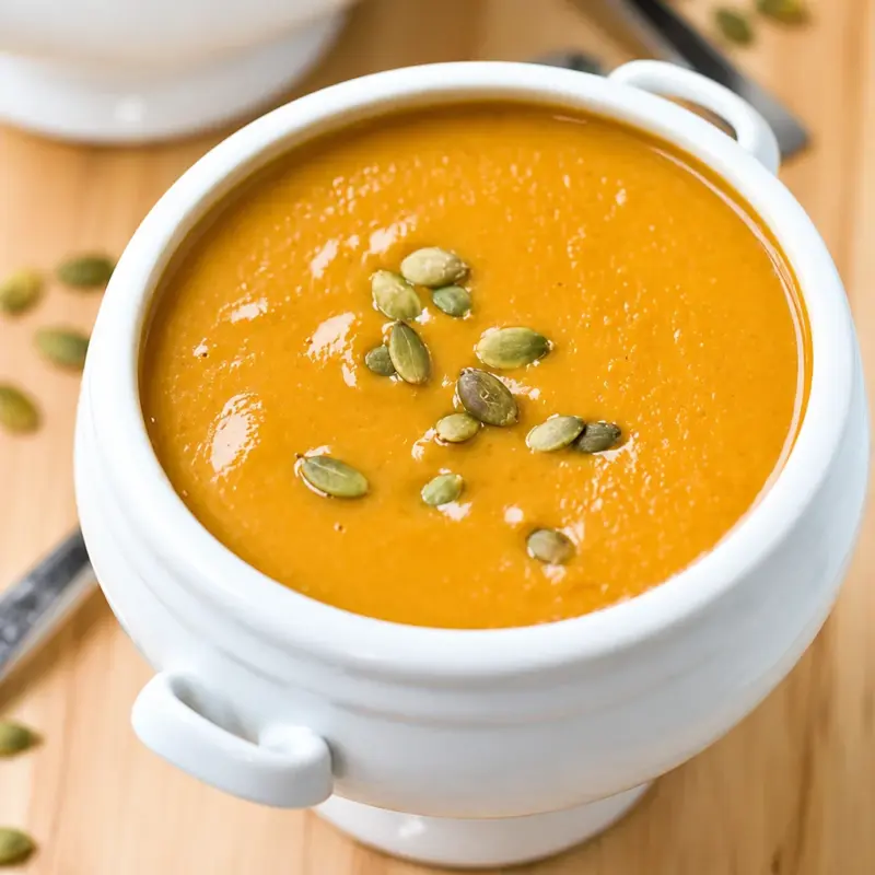 Creamy Easy Panera Autumn Squash Soup served in a bowl, garnished with spices.