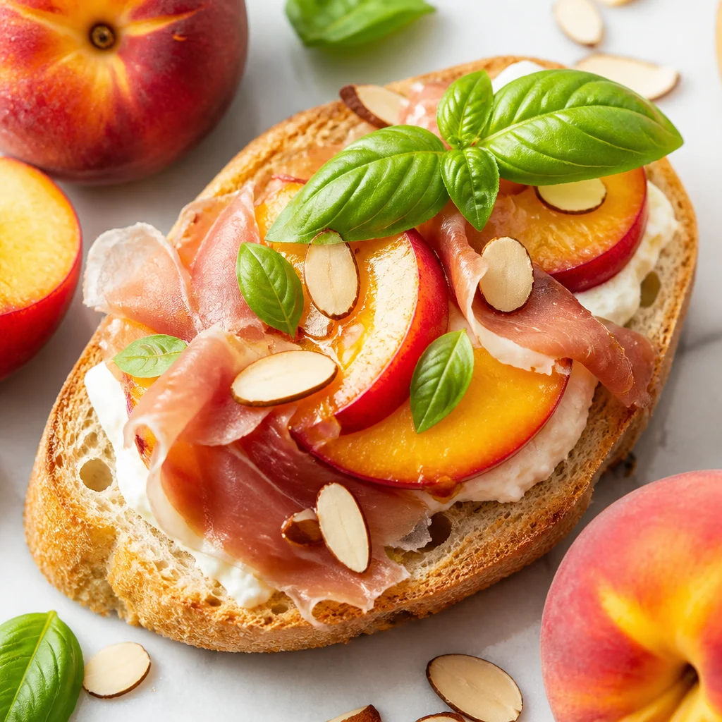 Easy Peach Burrata Toast with creamy burrata and fresh peaches, perfect for summer brunch.