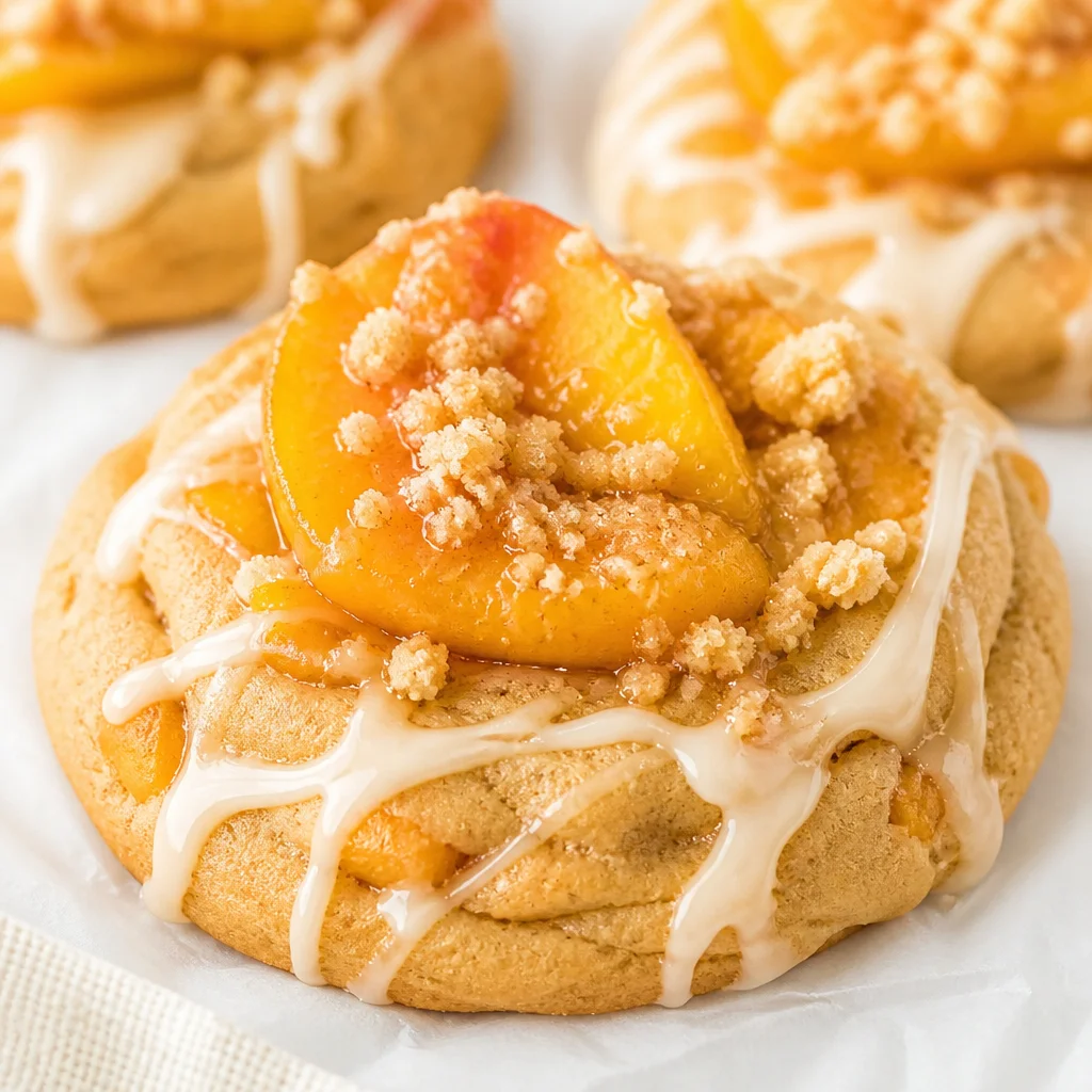 Delicious Easy Peach Cobbler Cookies topped with peach filling and vanilla glaze