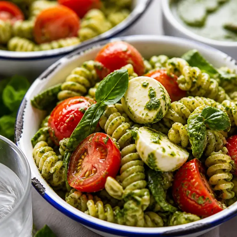 Delicious Easy Pesto Pasta Salad with fresh basil, cherry tomatoes, and mozzarella.