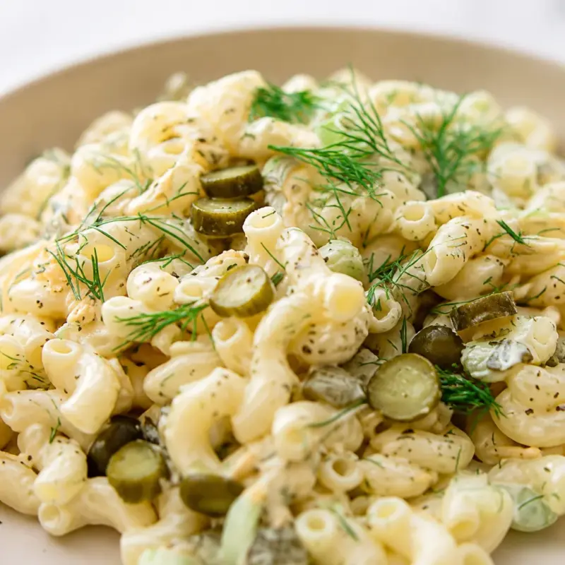 Easy Pickle Pasta Salad — Tangy Dill Summer Side with crunchy pickles and fresh dill.