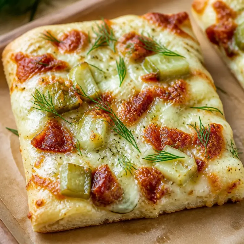 Slice of Easy Pickle Pizza with Dill Ranch White Sauce and dill pickles on top.